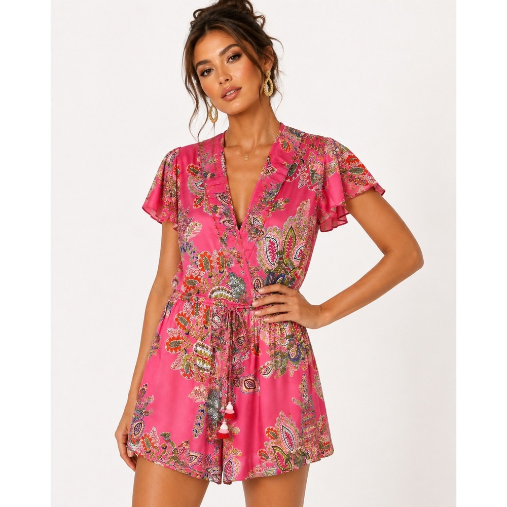 Hale Bob Pink Paisley Silk Blend Ruffle Romper XS New With Tags Tassel Tie